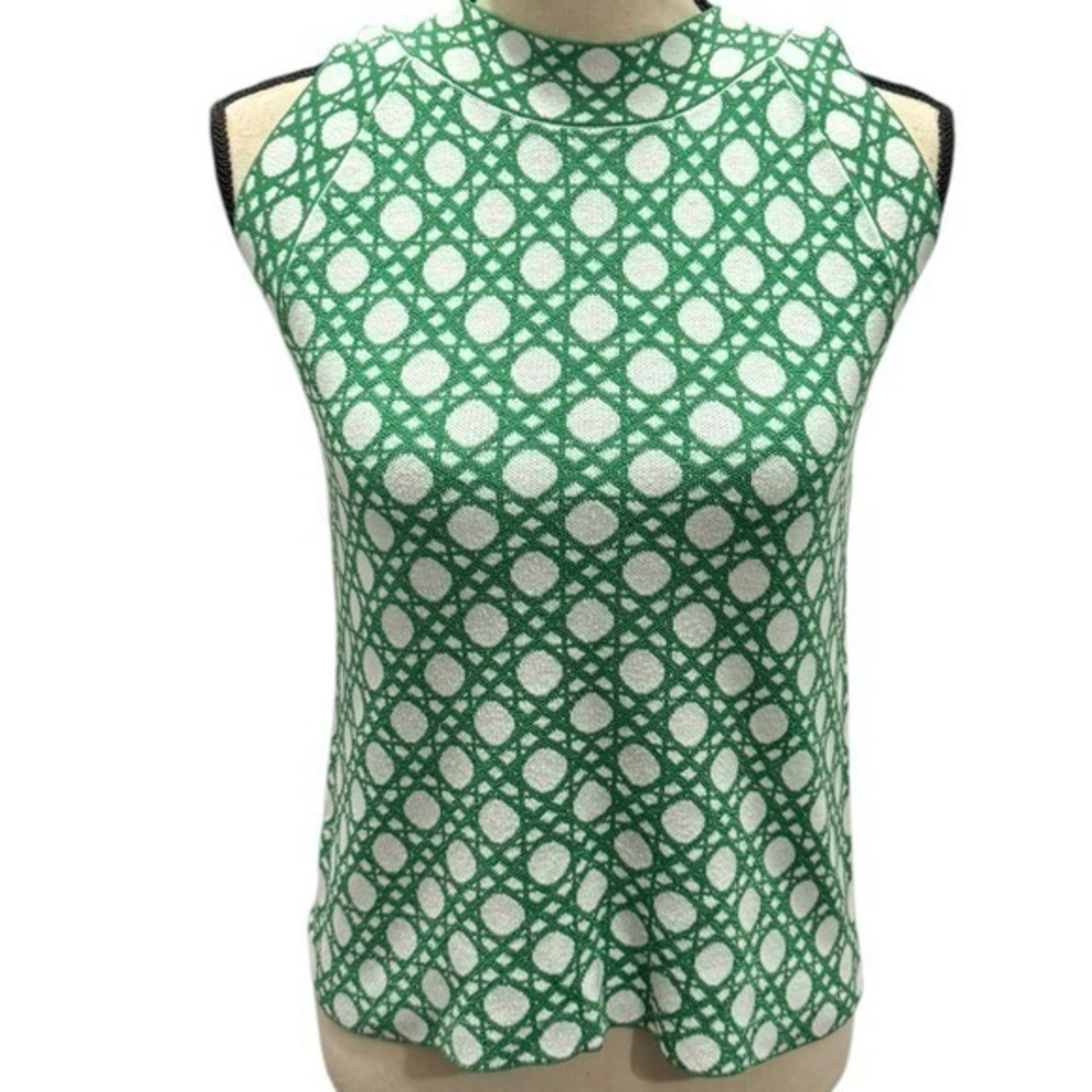 Ann Taylor Green & White Sleeveless Patterned Knit Top